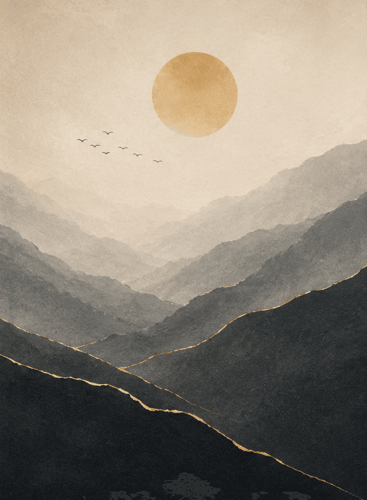 Layered mountain ridges with brass seams along the stone, a pale sun, and birds against a plaster sky