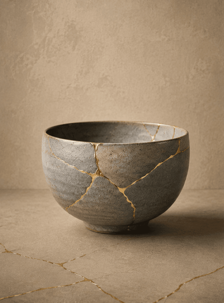 A ceramic vessel repaired with brass kintsugi seams, standing against plaster